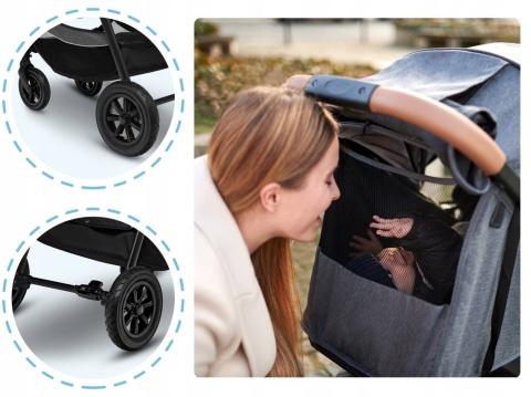 BELL Lionelo wózek spacerowy do 22kg, duże pompowane koła, torba, ocieplacz, moskitiera, uchwyt na kubek - Stone