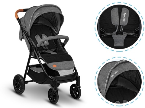 BELL Lionelo wózek spacerowy do 22kg, duże pompowane koła, torba, ocieplacz, moskitiera, uchwyt na kubek - Stone