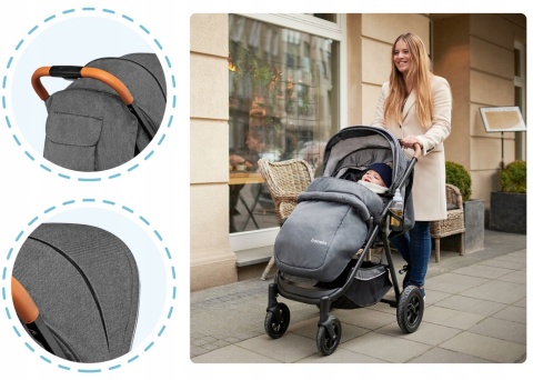 BELL Lionelo wózek spacerowy do 22kg, duże pompowane koła, torba, ocieplacz, moskitiera, uchwyt na kubek - Stone