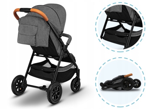 BELL Lionelo wózek spacerowy do 22kg, duże pompowane koła, torba, ocieplacz, moskitiera, uchwyt na kubek - Stone