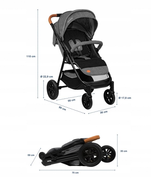 BELL Lionelo wózek spacerowy do 22kg, duże pompowane koła, torba, ocieplacz, moskitiera, uchwyt na kubek - Stone