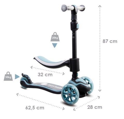 Rowerek biegowy hulajnoga deskorolka Flash 3 w 1 z kołami LED - pastelowy niebieski