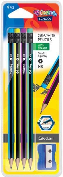 Ołówki heksagonalne z gumką 4 sztuki + temperówka Colorino School 39910 na blistrze