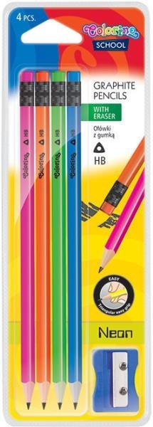 Ołówki trójkątne z gumką 4szt. + temperówka Neon Colorino School 39934 na blistrze
