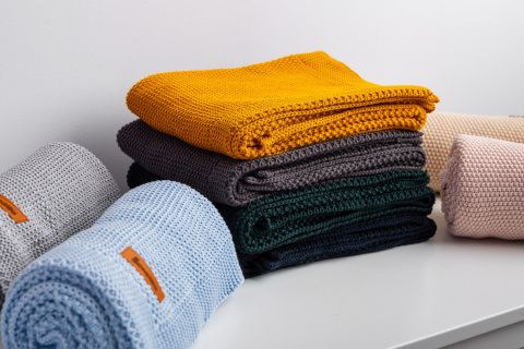 Kocyk Sensillo dziergany bawełna 100 x 80 - CIEMNOZIELONY