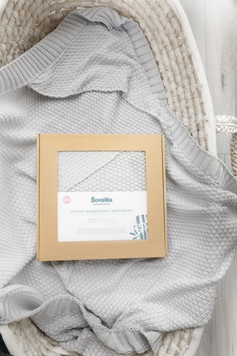 SENSILLO Bambusowy kocyk otulacz z kapturkiem 100% BAMBOO GIFT SZARY