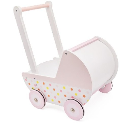 Wózek dla lalek spacerówka gondola drewniany pchacz różowy