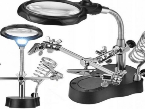 Zestaw Duża trzecia ręka Lupa LED + Uchwyt Na Lutownicę Czarna TE-801