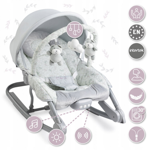 MoMi EBES Leżaczek bujaczek z wibracjami i dźwiękami - Szary liście