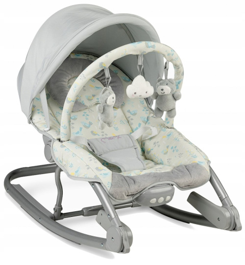 MoMi EBES Leżaczek bujaczek z wibracjami i dźwiękami - Szary ptaszki