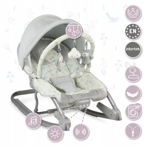 MoMi EBES Leżaczek bujaczek z wibracjami i dźwiękami - Szary ptaszki