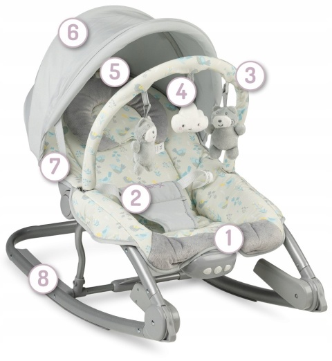 MoMi EBES Leżaczek bujaczek z wibracjami i dźwiękami - Szary ptaszki