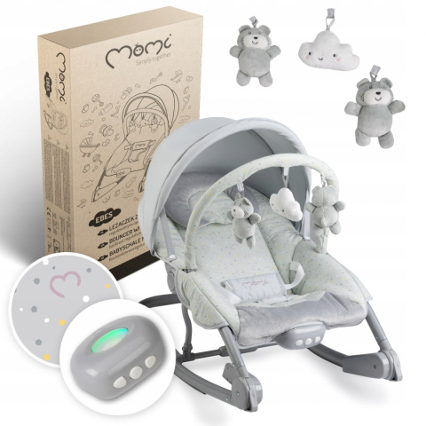 MoMi EBES Leżaczek bujaczek z wibracjami i dźwiękami - Szary serca