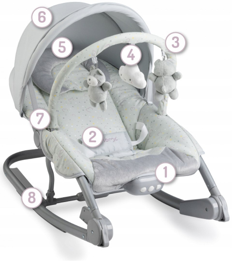 MoMi EBES Leżaczek bujaczek z wibracjami i dźwiękami - Szary serca