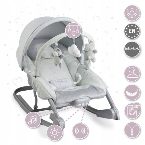 MoMi EBES Leżaczek bujaczek z wibracjami i dźwiękami - Szary serca
