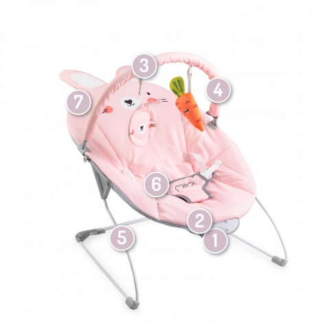 MoMi GLOSSY Leżaczek bujaczek 3w1 z wibracjami i muzyką - Różowy