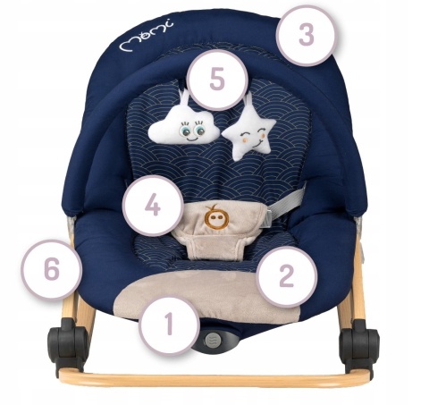 MoMi LUMIWOOD Leżaczek bujaczek z wibracjami i muzyką - Navy