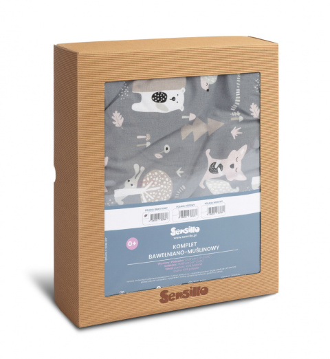 Sensillo Komplet do łóżeczka z muślinu i drukowanej bawełny - POLANA GRAFITOWY