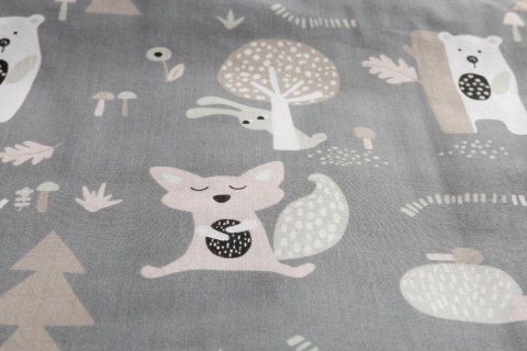 Sensillo Komplet do łóżeczka z muślinu i drukowanej bawełny - POLANA GRAFITOWY