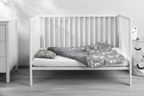 Sensillo Komplet do łóżeczka z muślinu i drukowanej bawełny - POLANA GRAFITOWY