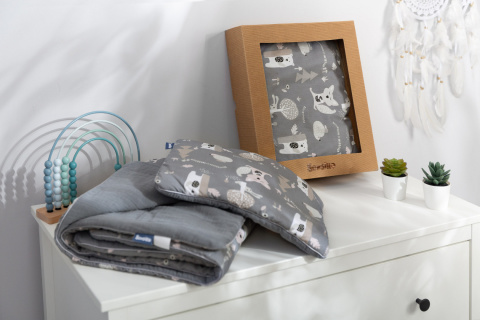 Sensillo Komplet do łóżeczka z muślinu i drukowanej bawełny - POLANA GRAFITOWY