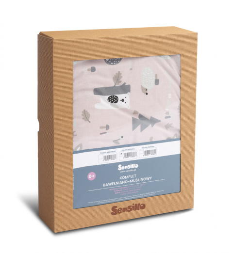 Sensillo Komplet do łóżeczka z muślinu i drukowanej bawełny - POLANA RÓŻOWY