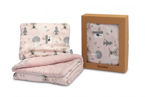 Sensillo Komplet do łóżeczka z muślinu i drukowanej bawełny - POLANA RÓŻOWY