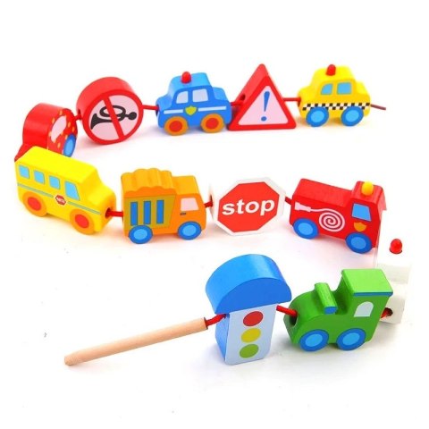 TOOKY TOY Drewniane Klocki Koraliki do Nawlekania Pojazdy Samochody 13 el.