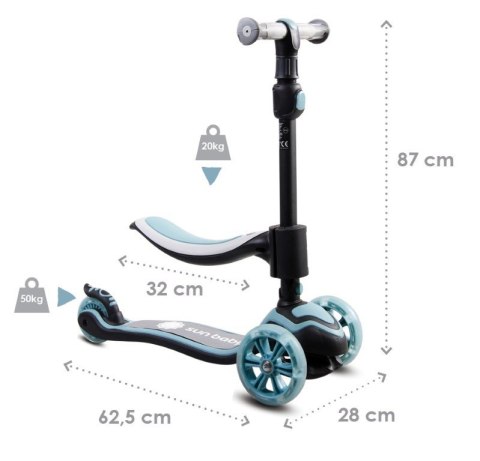 Rowerek biegowy hulajnoga deskorolka Flash 3 w 1 z kołami LED - pastelowy niebieski