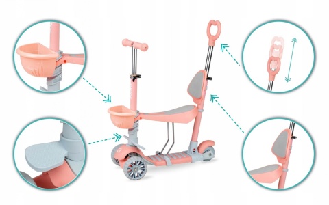 ILI Qkids Hulajnoga balansowa trójkołowa z siedziskiem i pchaczem - brzoskwiniowa