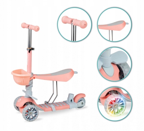 ILI Qkids Hulajnoga balansowa trójkołowa z siedziskiem i pchaczem - brzoskwiniowa