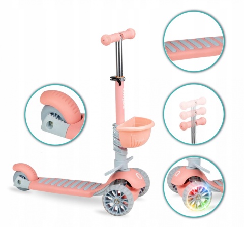 ILI Qkids Hulajnoga balansowa trójkołowa z siedziskiem i pchaczem - brzoskwiniowa