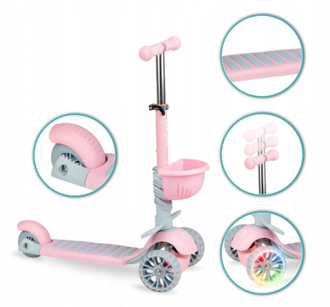 ILI Qkids Hulajnoga balansowa trójkołowa z siedziskiem i pchaczem - różowa