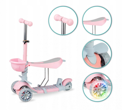ILI Qkids Hulajnoga balansowa trójkołowa z siedziskiem i pchaczem - różowa