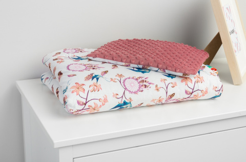 Komplet Minky Kołderka + Poduszka Sensillo - PTAKI RETRO RÓŻ KOLEKCJA