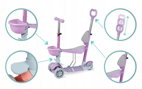 ILI Qkids Hulajnoga balansowa trójkołowa z siedziskiem i pchaczem - fioletowa