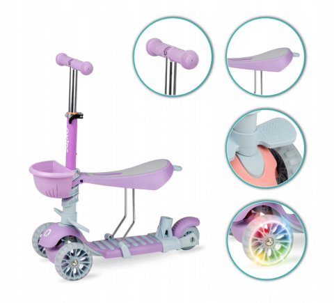 ILI Qkids Hulajnoga balansowa trójkołowa z siedziskiem i pchaczem - fioletowa