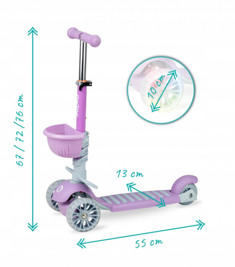 ILI Qkids Hulajnoga balansowa trójkołowa z siedziskiem i pchaczem - fioletowa