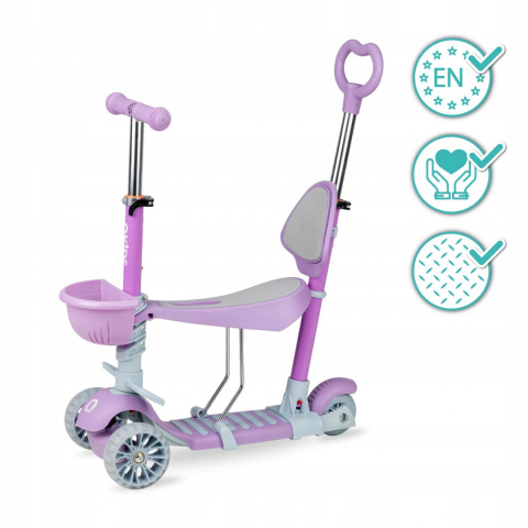 ILI Qkids Hulajnoga balansowa trójkołowa z siedziskiem i pchaczem - fioletowa