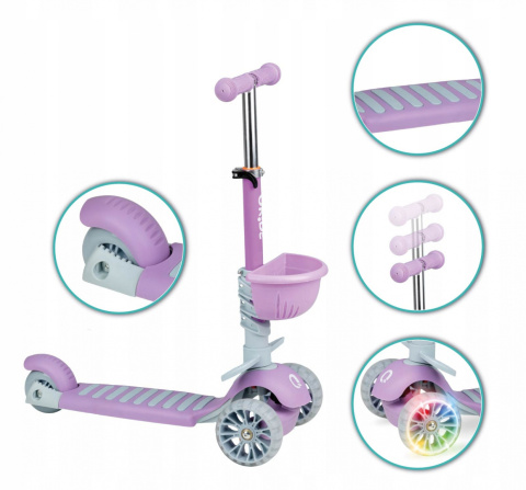 ILI Qkids Hulajnoga balansowa trójkołowa z siedziskiem i pchaczem - fioletowa