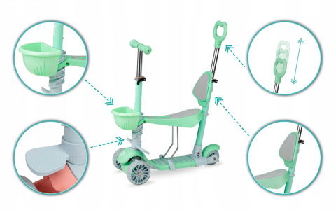 ILI Qkids Hulajnoga balansowa trójkołowa z siedziskiem i pchaczem - zielona