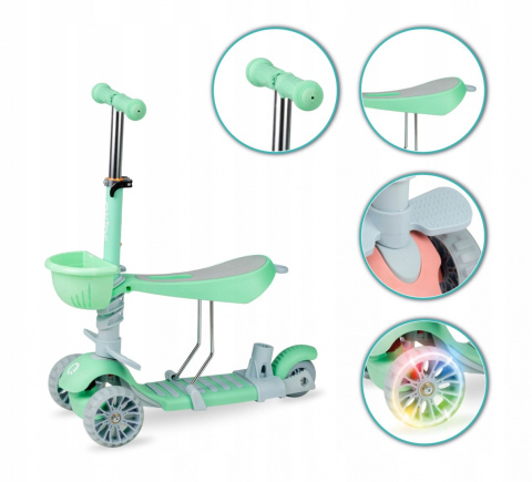 ILI Qkids Hulajnoga balansowa trójkołowa z siedziskiem i pchaczem - zielona