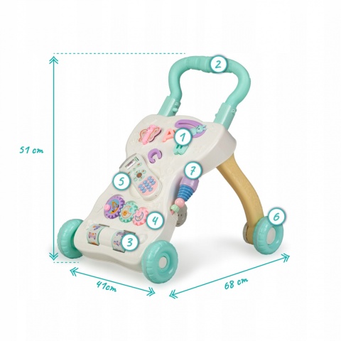 PULLO QKids Duży wielofunkcyjny chodzik pchacz z zabawkami - niebieski