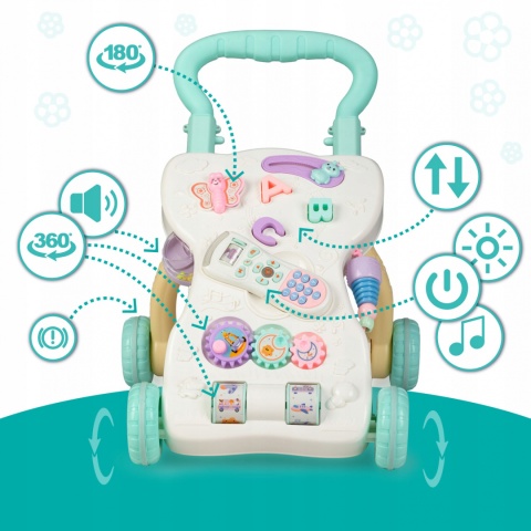 PULLO QKids Duży wielofunkcyjny chodzik pchacz z zabawkami - niebieski