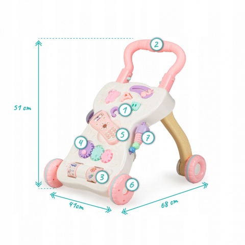 PULLO QKids Duży wielofunkcyjny chodzik pchacz z zabawkami - różowy