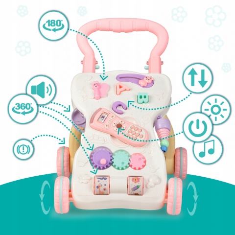PULLO QKids Duży wielofunkcyjny chodzik pchacz z zabawkami - różowy