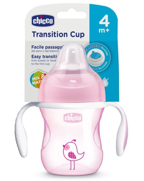 Chicco Pierwszy kubek treningowy z miękkim ustnikiem 4 m+ Transition Cup - różowy