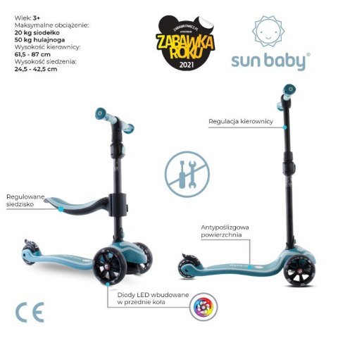 Rowerek biegowy hulajnoga deskorolka Flash 3 w 1 z kołami LED - pastelowy turkusowo niebieski