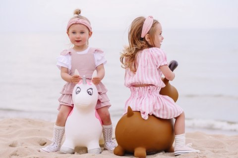 Skoczek gumowy dla dzieci KELLY 60 cm biało-różowy do skakania z pompką