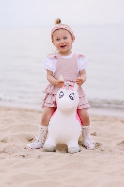 Skoczek gumowy dla dzieci KELLY 60 cm biało-różowy do skakania z pompką